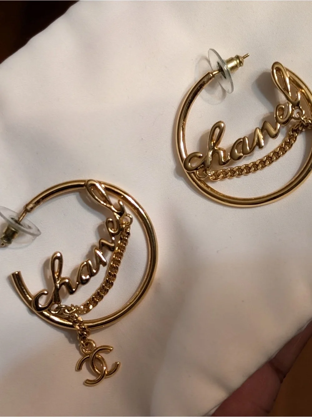 CHANEL Gold Script Hoop Earrings